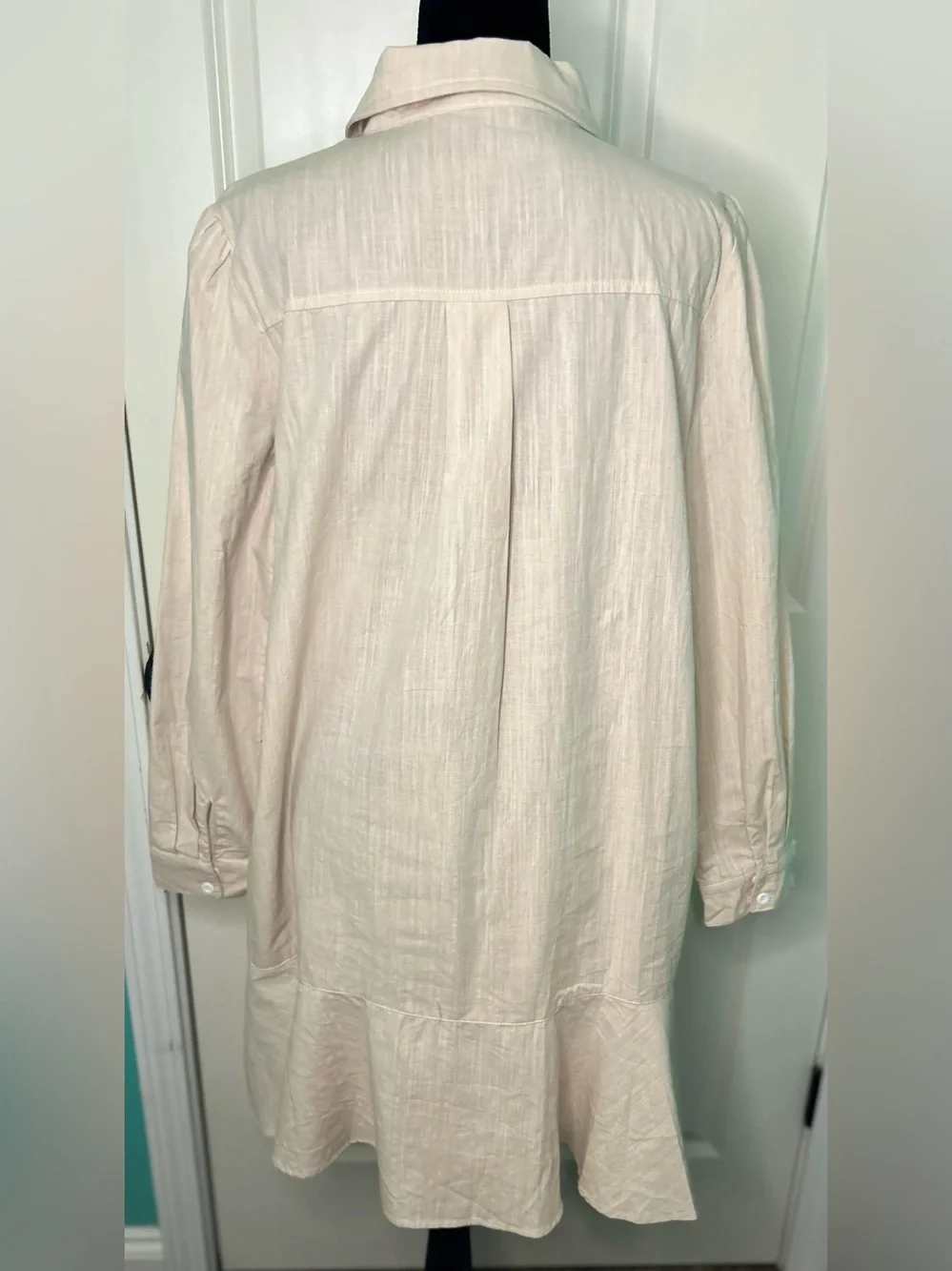 Linen Blend Ruffle Hem Long Sleeve Shift Shirt Dress Beige Neutral Boutique Lrg - Picture 2 of 8